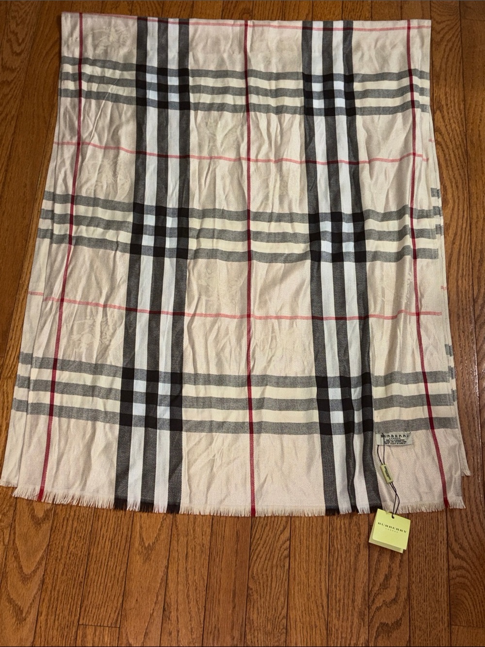 Burberry Cream Plaid Lightweight Scarf with Black, Gray and Red Stripes
